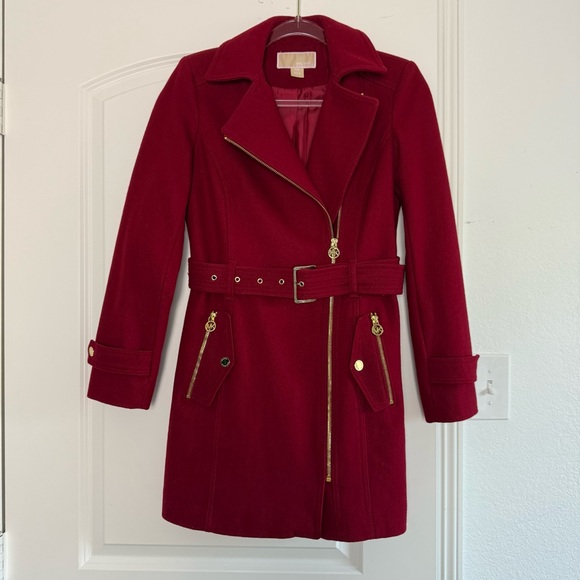 Michael Kors Jackets & Blazers - Michael Kors Women Red Burgundy Belted Wool Asymmetrical Collared Coat PXS